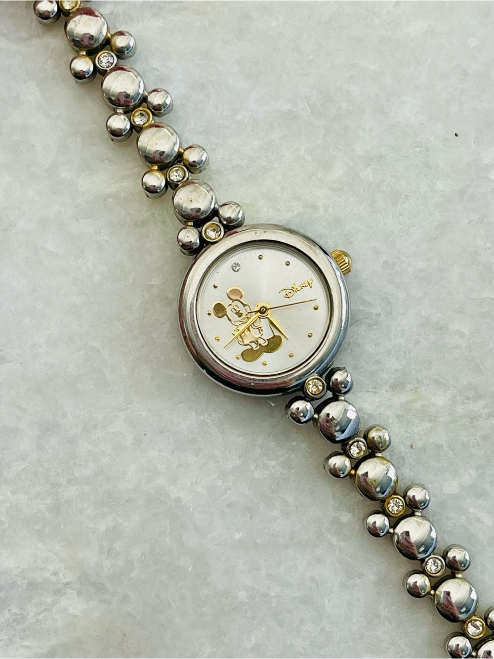 Vintage Disney Mickey Mouse Dainty Bracelet Wrist Watch Gold Silver Crystal 6.5”